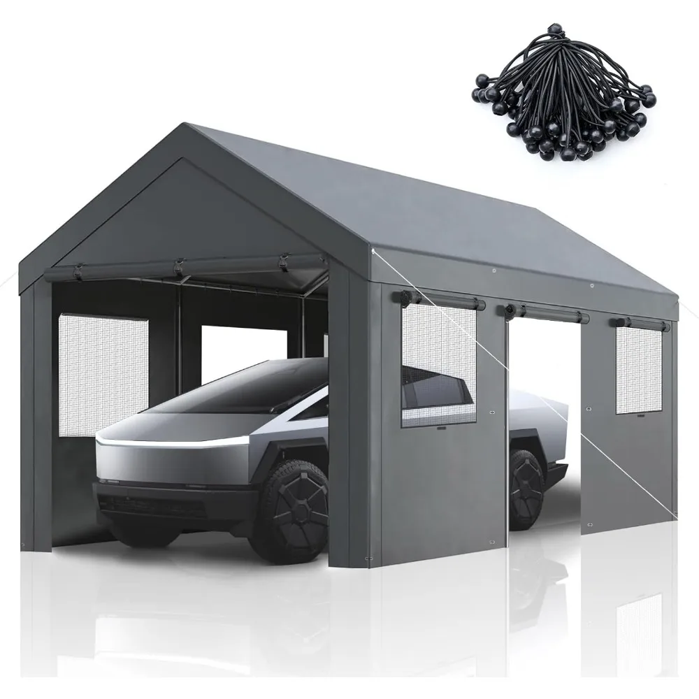 

10x20ft Carport with Roll-up Windows & Doors, UV Resistant Waterproof All-Season Tarp, Heavy Duty Portable Garage