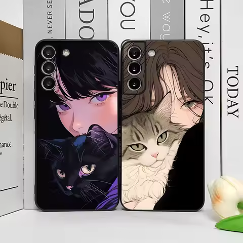 Funny Girl Holding Cat Cartoon Phone Case for Samsung Galaxy S25 S24 S23 Ultra S22 Plus S21 FE S25 Edge M55 Soft Silicone Covers