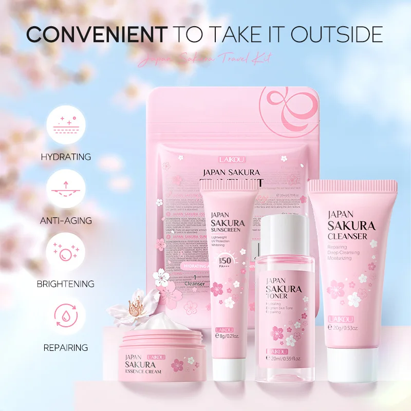 LAIKOU 4pcs/Set Sakura Skin Care Sets Face Cream Toner Facial Cleanser Sunscreen Moisturizing Skin Care Set Product Gift