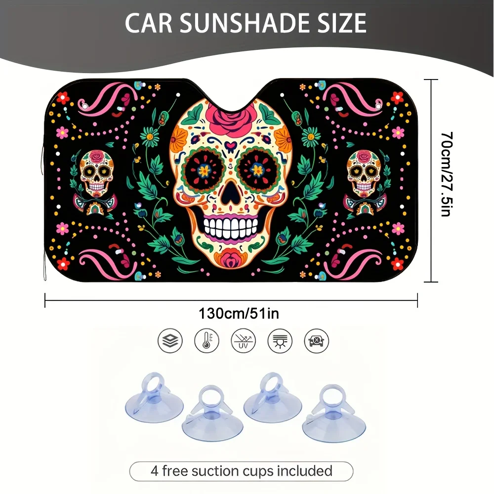 1pc 2D Flat Printed Sunscreen And Insulation Windshield Sunshade for Featuring a Sugar Skeleton Design