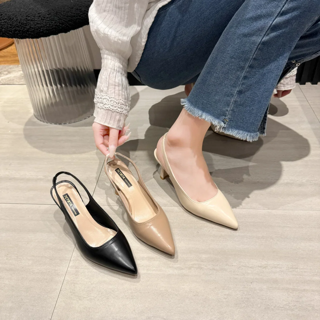 New Style Korean Versatile Nude Color French Pointed Toe High Heels Single Shoes Elegant Head Packing Back Open Sandals