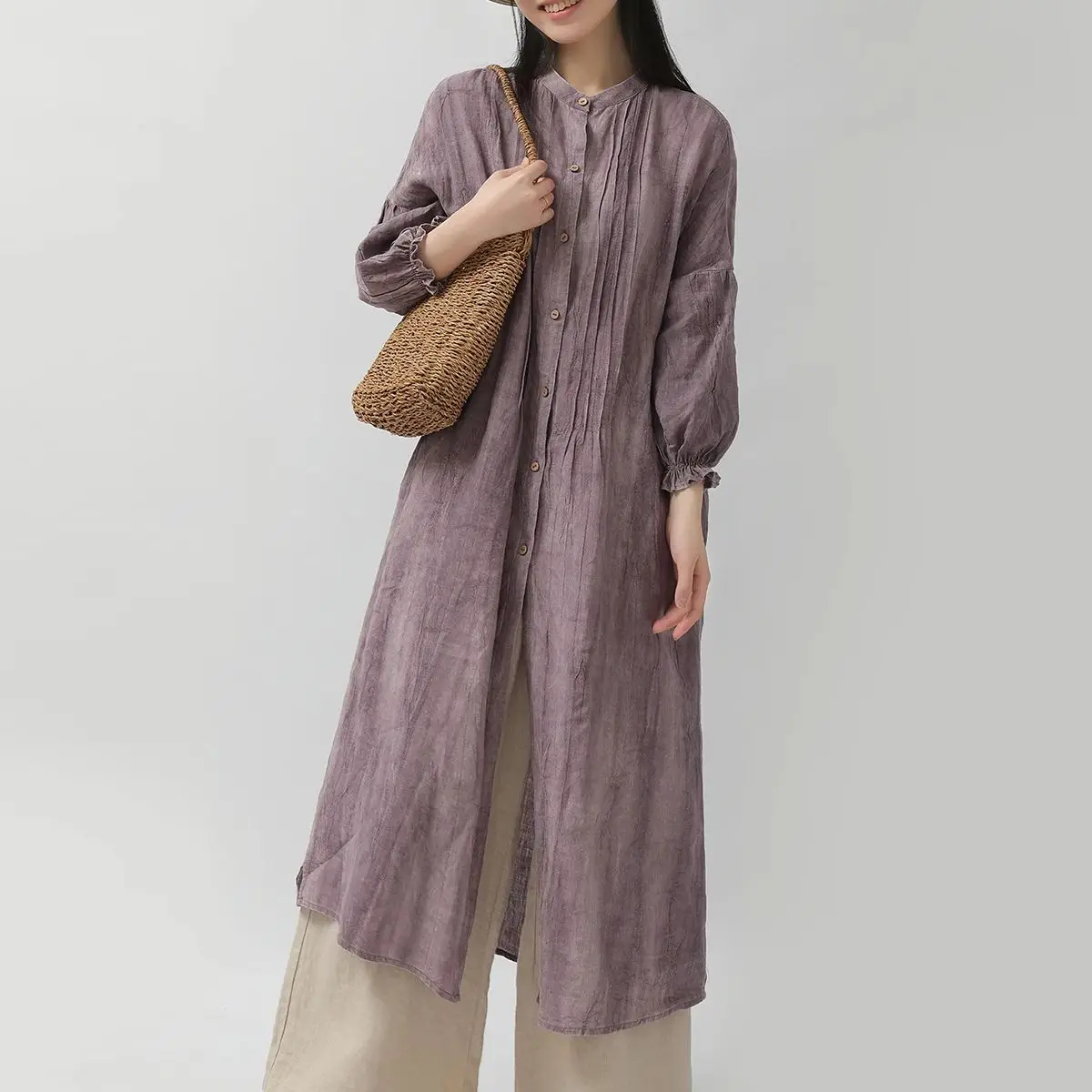 

LZJN Spring Solid Color Plus Size Long Sleeve Button-up Dress, French Retro Simple Pleated Purple Mid-length Shirt Dress.