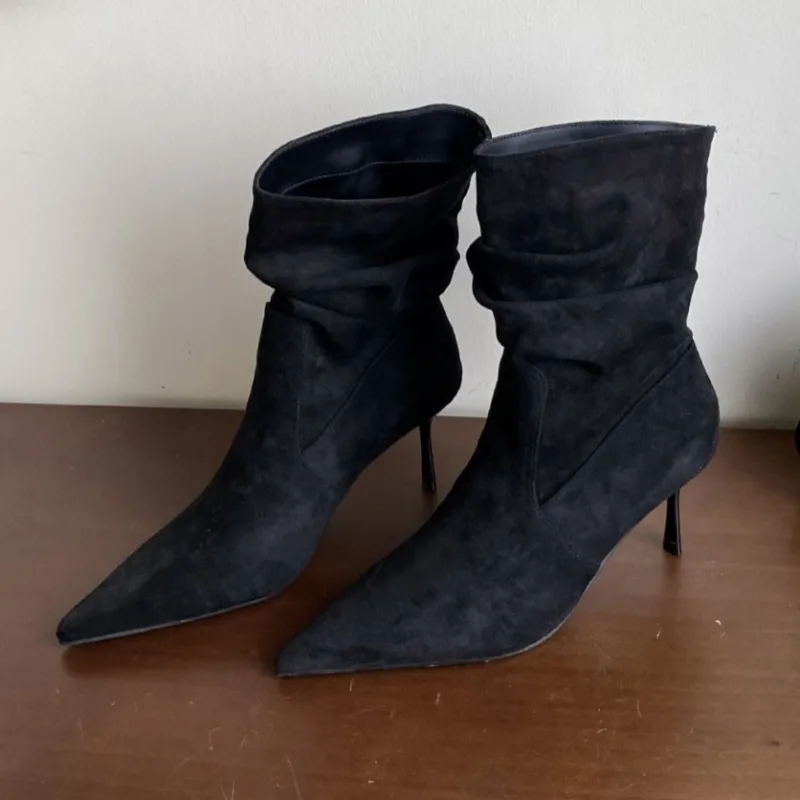 

Удобные ботильоны из искусственной замши, женские винтажные плиссированные дизайнерские ботинки, модные современные ботинки на тонком каблуке с острым носком, Botas Mujer