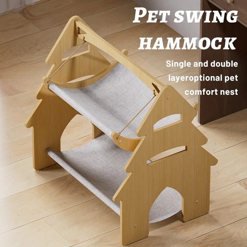 

Double Layers Cat Solid Wooden Hanging Bed Swing Shape Pet Hammock Bed for Indoor Cats