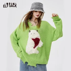 ELFSACK Loose Sweater Fluffy Appliques V-Neck Woman 2024 Spring Knitwears T-Shirts