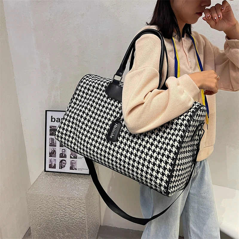 Large Houndstooth Women's Travel Bag Organizer Sports Gym Bag Weekend Duffle Handbag Shoulder Crossbody Bags Packing Cubes Totes