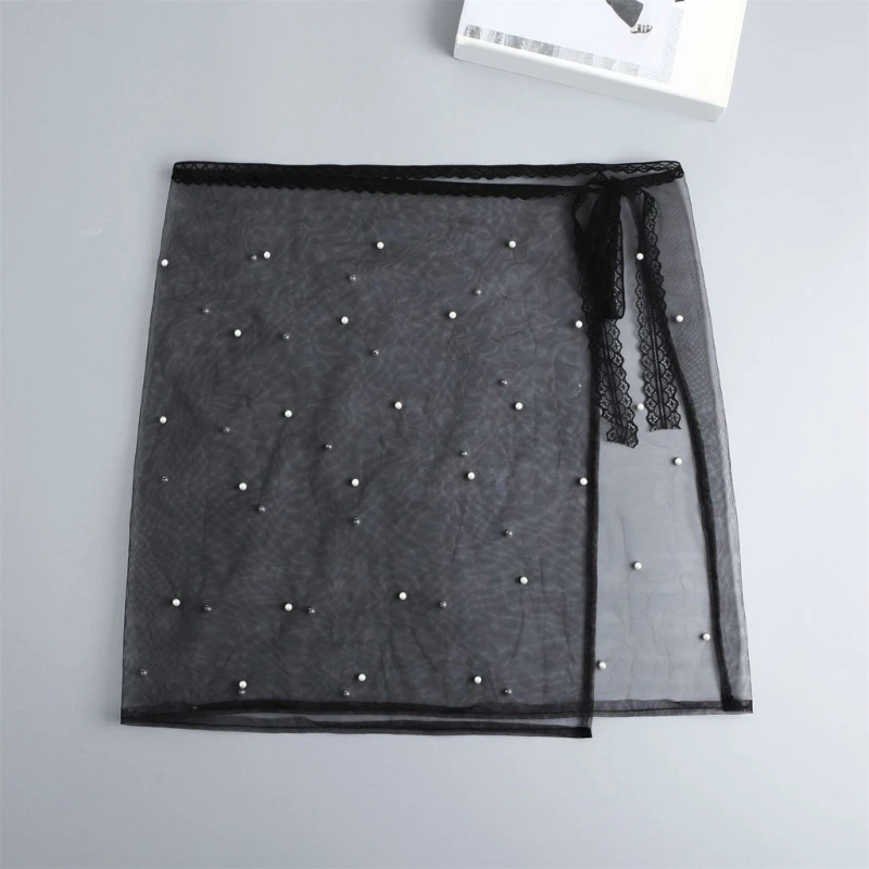 Women Aesthetic Pearls Beading Layering Half Wrap Skirt Tie Up See Through Gauze Hip Cover Short Apron Skirt Overskirt