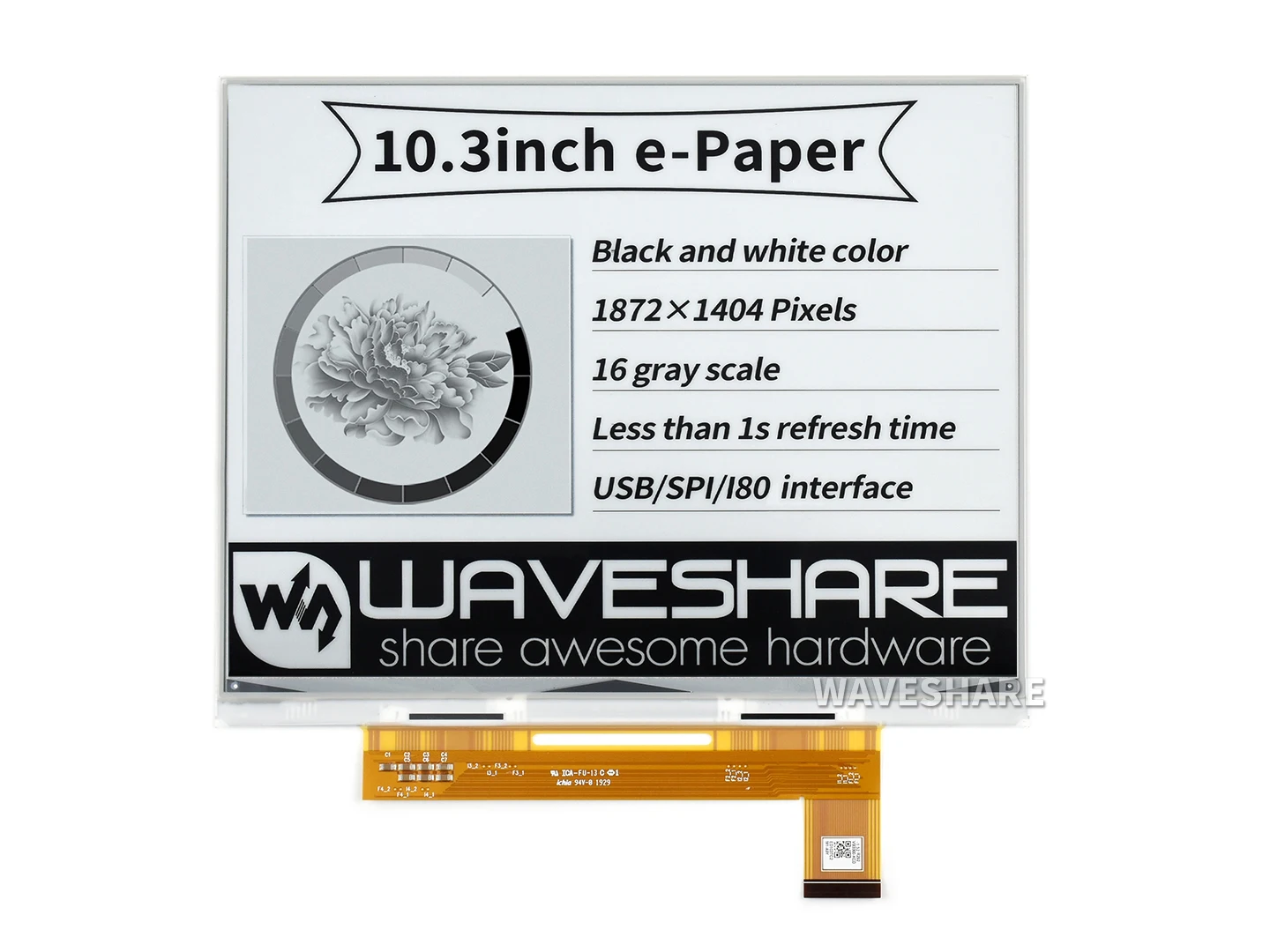 

10.3inch e-Paper, e-Paper E-Ink Raw Display, 1872×1404 pixels, Black / White, 2-16 Grey Scales, Parallel Port, without PCB