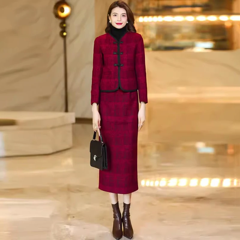 

New Women Burgundy Woolen Skirt Sets Autumn Winter Fashion Elegant Slim Plaid Coat And Long Skirt Wool Blends Two Pieces Sets