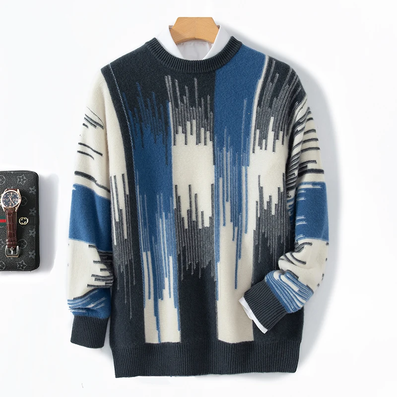 Autumn And Winter New 100% Pure Wool Men's Round Neck Contrast Thick Warm Sweater Loose Cashmere Knit Bottoming Shirt