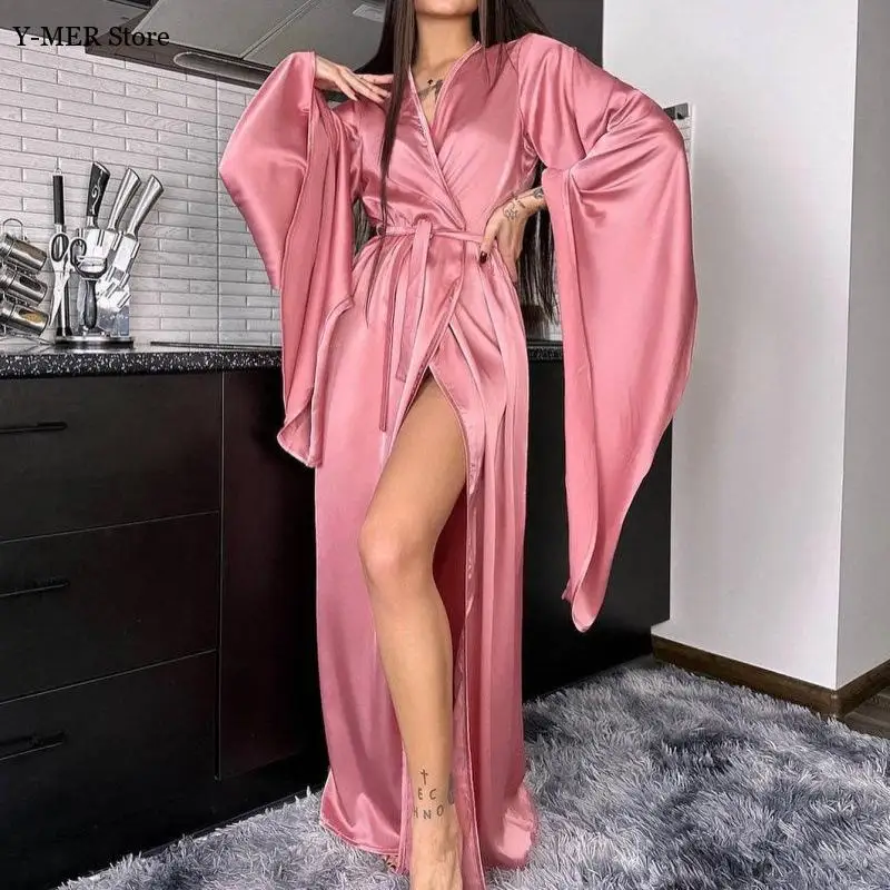 2025 New Extra Long Bathrobe Big Sleeve Robes Solid Color Sleepwear Lady Elegant Wedding Party Dressing Gown Sexy Loungewear