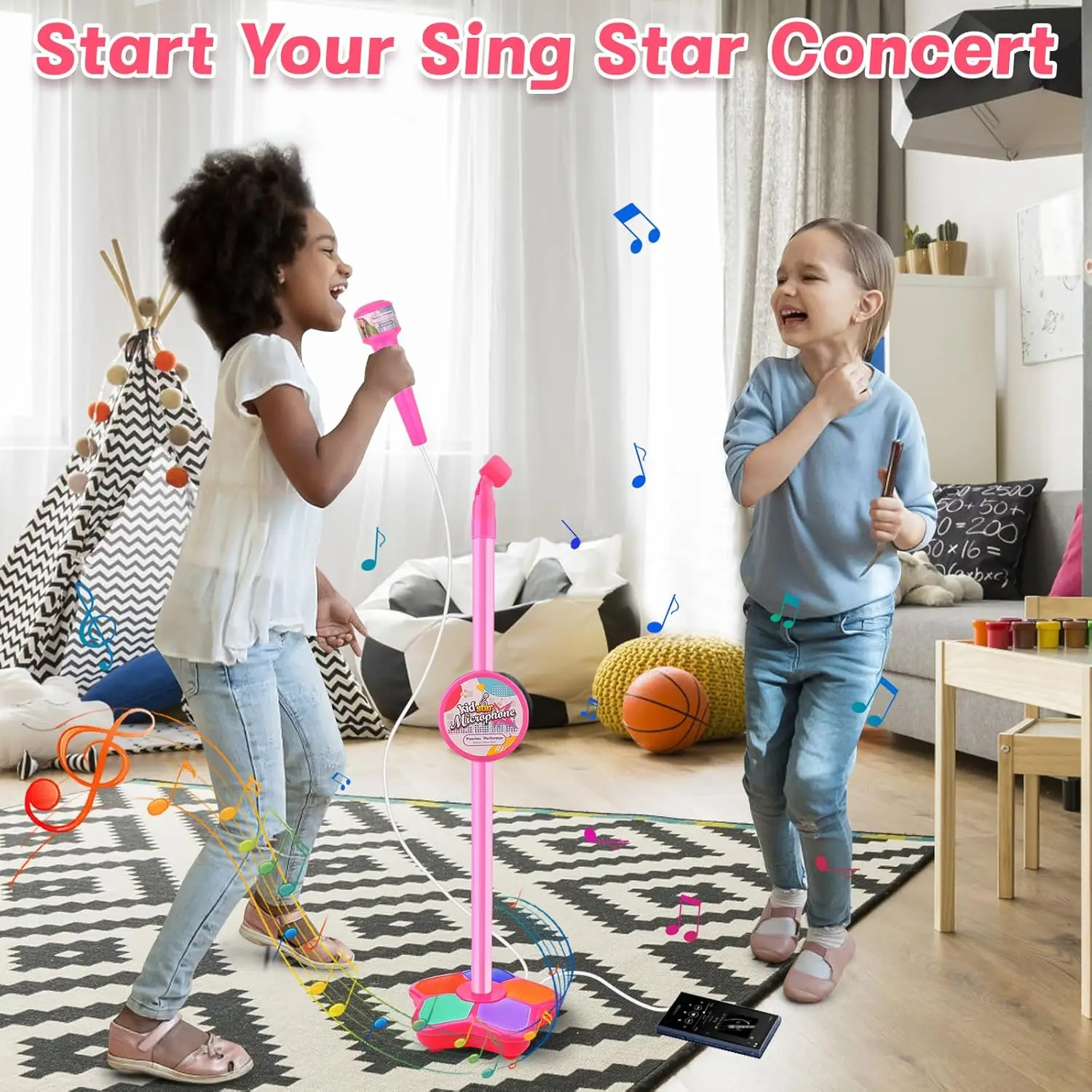 Micrófono para Niños con Soporte Ajustable, Juguete Musical de Karaoke, Máquina de Karaoke con Luces para Fiestas de Niños y Niñas, Regalo