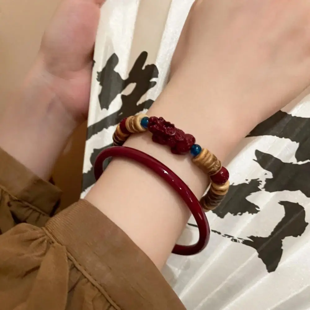 Natural Retro Prayer Bracelet Neo Chinese Style Pi Xiu Pi Xiu Bracelet Hand-Carved Luck Vermilion Bangles Unisex