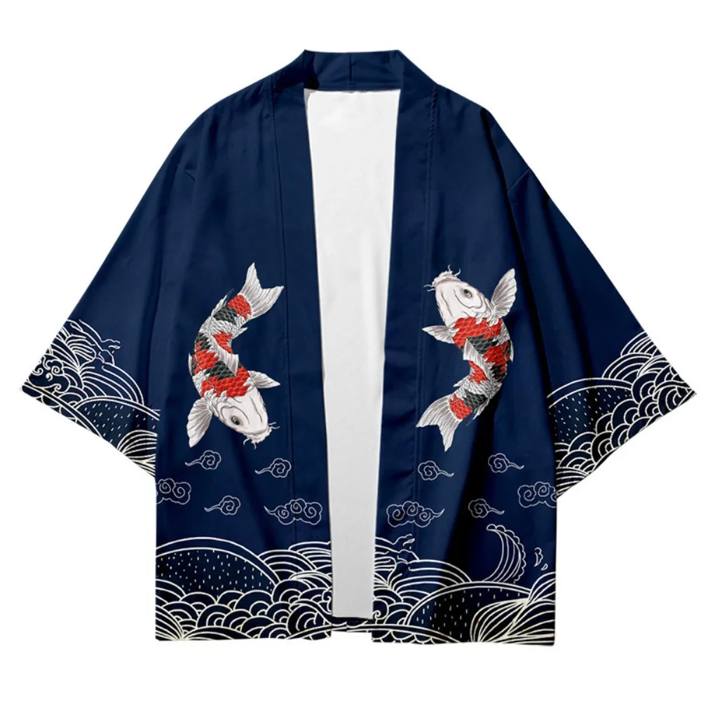 Kimono azul japonés de talla grande para hombre y Mujer, ropa de playa a la moda, estilo chino, cárdigan, ropa Yukata Haori