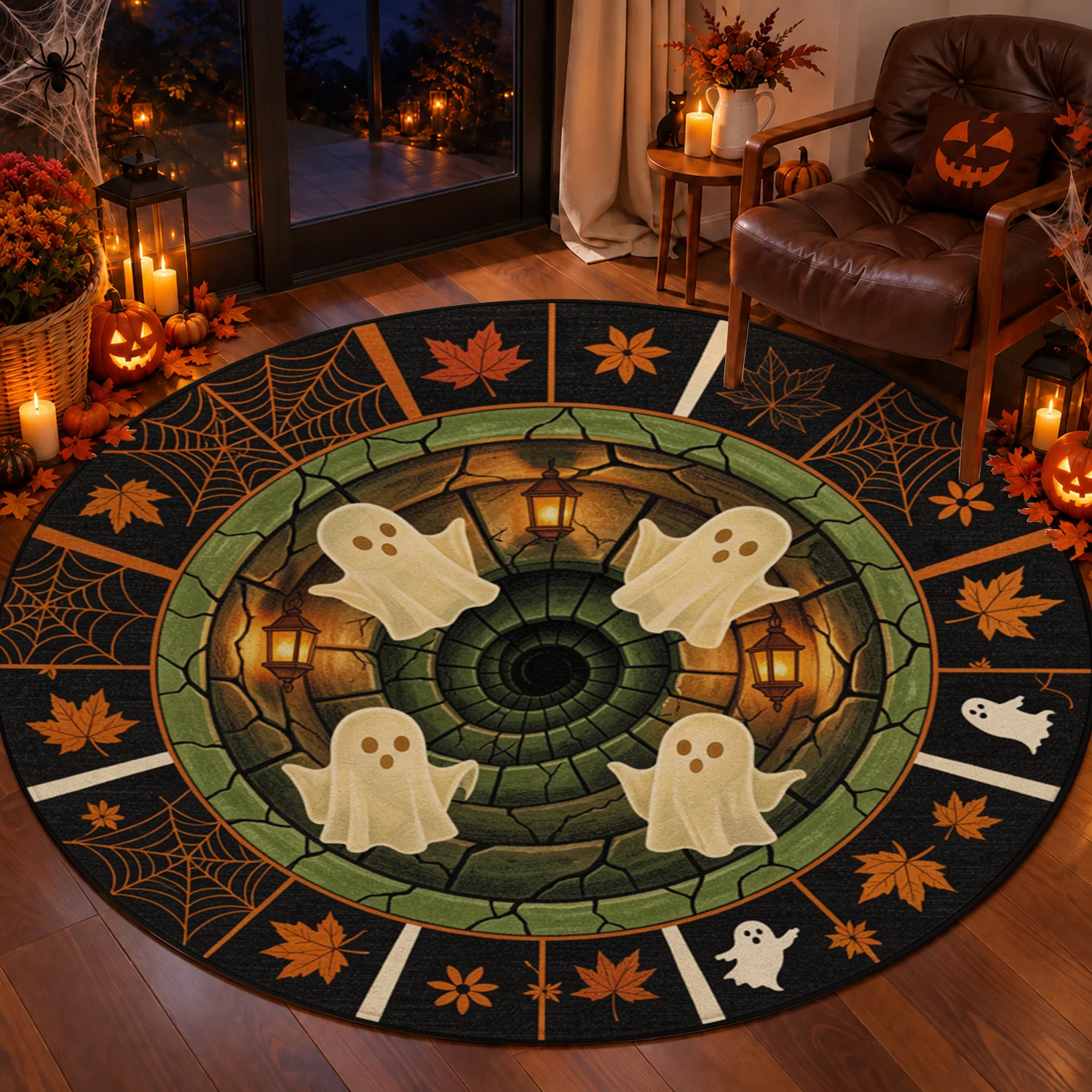 Halloween Ghost Spider Web Maple Leaf Pattern Round Velvet Area Rug Machine Washable Soft Floor Mat for Living Room Bedroom Entryway Halloween Thanksgiving Christmas New Year Holiday Decor