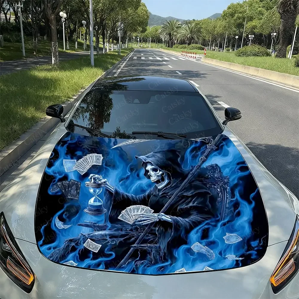Blue Flame Card Skeleton Car Engine Hood Packaging, Colored Vinyl Stickers, Truck Patterns, Engine Hood, Car Parts Decoration St