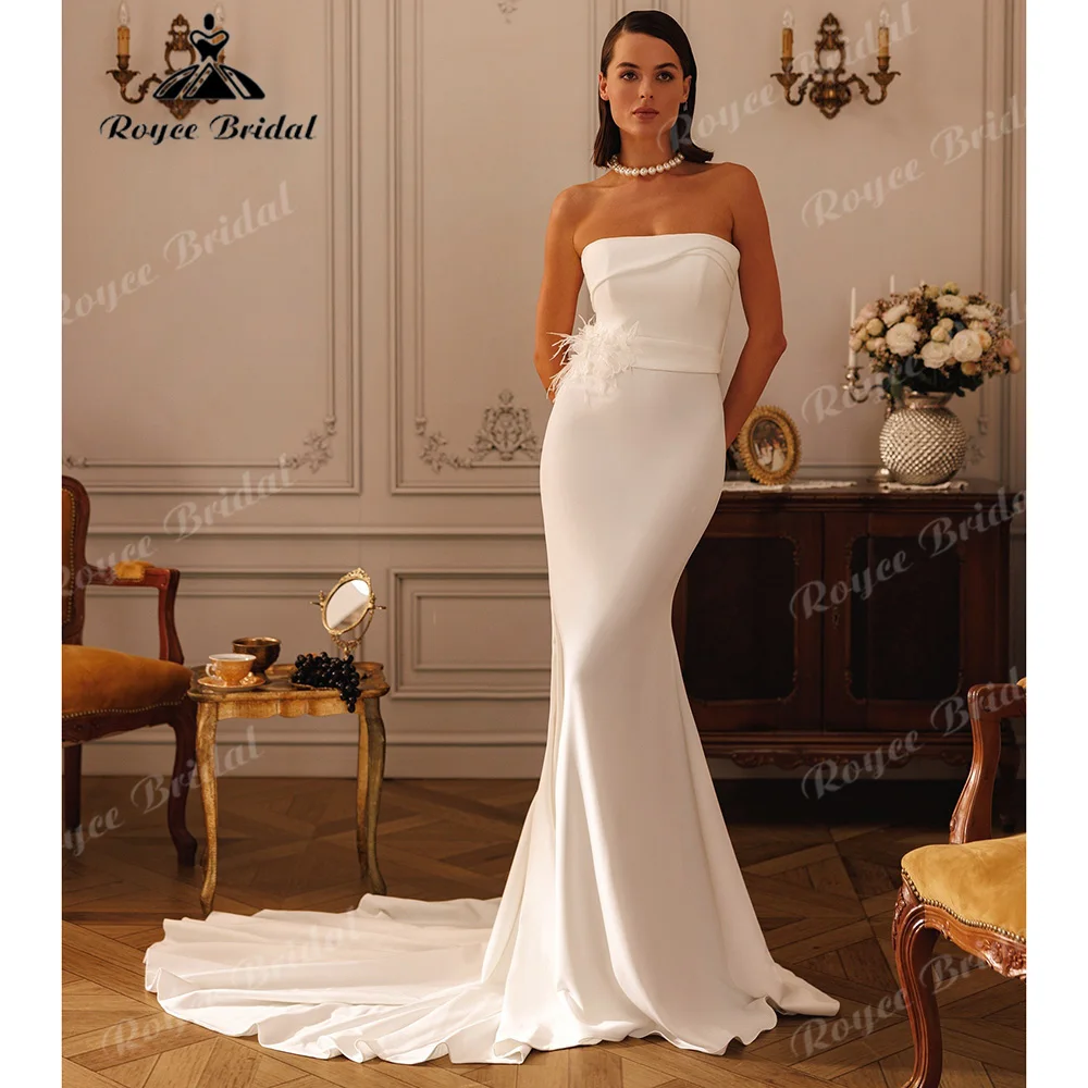 Strapless Satin Mermaid Wedding Dress 3D Feather Floral Appliqued Waist Fitted Court Train Elegant  Vestido De Novia Customized