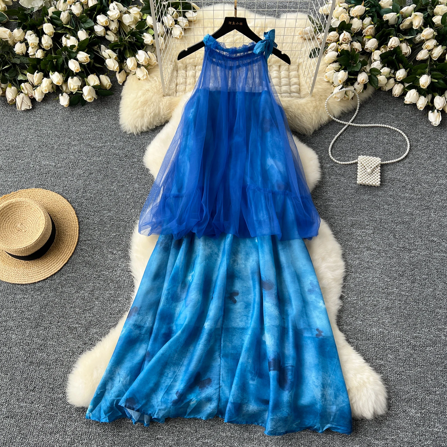 

Sexy backless mesh PATCHWORK halter Dress Chic Vintage Korean Fashion Women Beach summer chiffon dresses