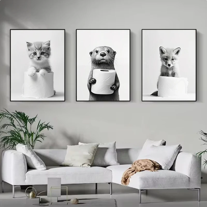 1pc frameless Room Murals Wall Art Poster Otter Cat Tiger Canvas Painting Funny Bathroom Home Decor Cute Animals Toilet Paper Li