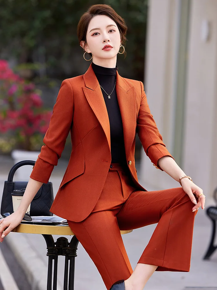 Green Women Suits Office Sets New Fashion Long Sleeve Slim Single Button Blazers Casual High Waist Flare Pants Suits