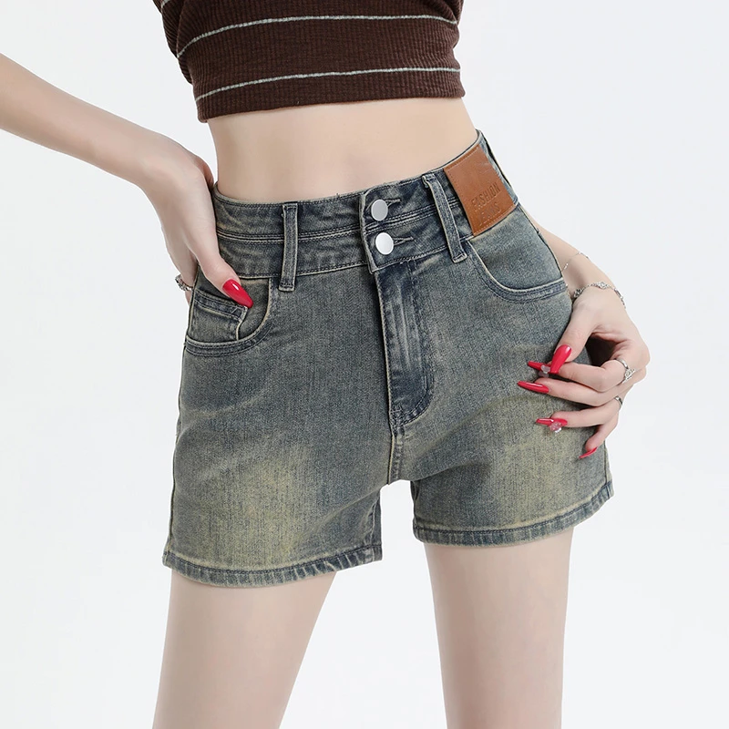 

Stylish 2024 New Women's High Waist Denim Shorts Summer Slim Yellow Mud Color Elastic Hot Pants