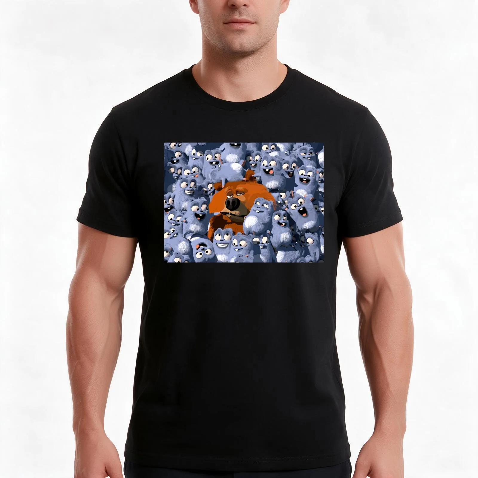 happy Grizzy and Lemmings cartoon T-Shirt, Summer Casual Cotton Tee, Oversized Streetwear Tops, Vintage Graphic Print