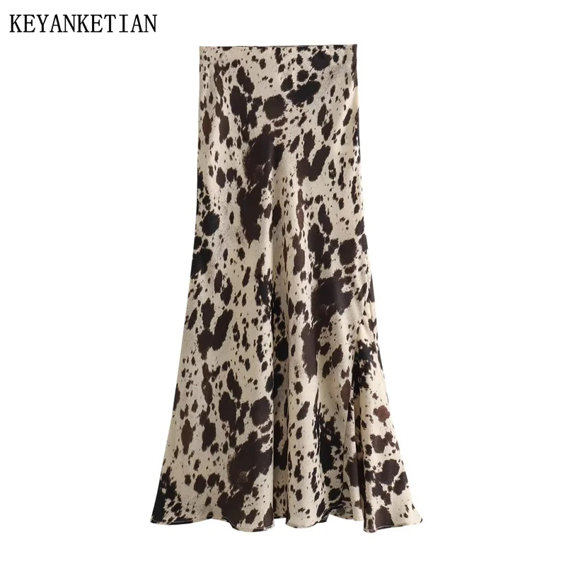 

KEYANKETIAN 2024 New Launch Women's Animal Print Silk Satin Skirt Spring Elegant Stylish Zipper High Waist Slim MIDI Skirt