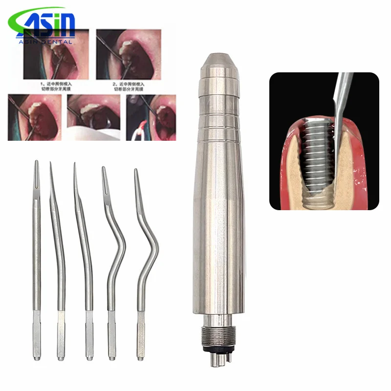 

4 Hole Dental Tooth Extraction Surgery Instruments Turbine Pneumatic Elevator Set Tools with 5 Tips for Clinic Dentistry Tools