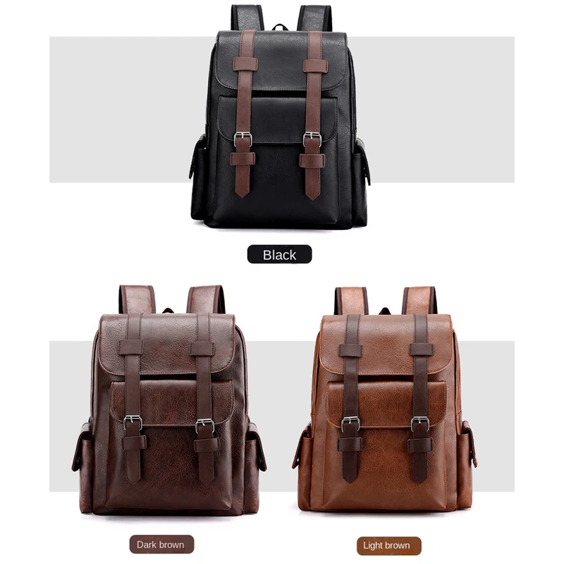 Men\'s Fashion Korean Pu Leather Backpack Large Capacity Business Laptop Backpack Student University School Bags Travel Bag