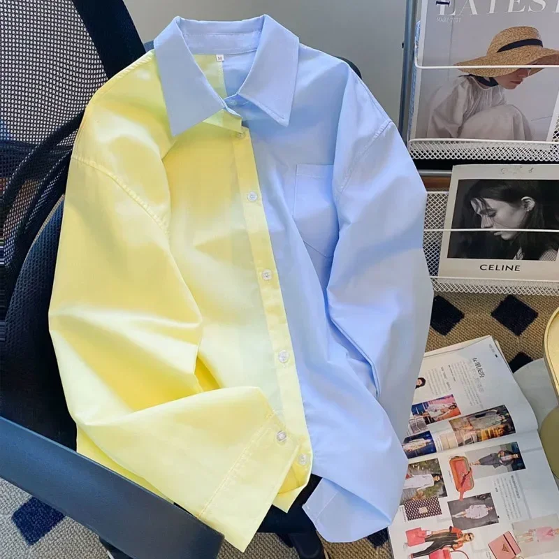 

Spring and Autumn 2023 Yellow Collar Blue Shirt Salt Girl Long Sleeve Fashion POLO Collar Loose Korean Casual College Style E43