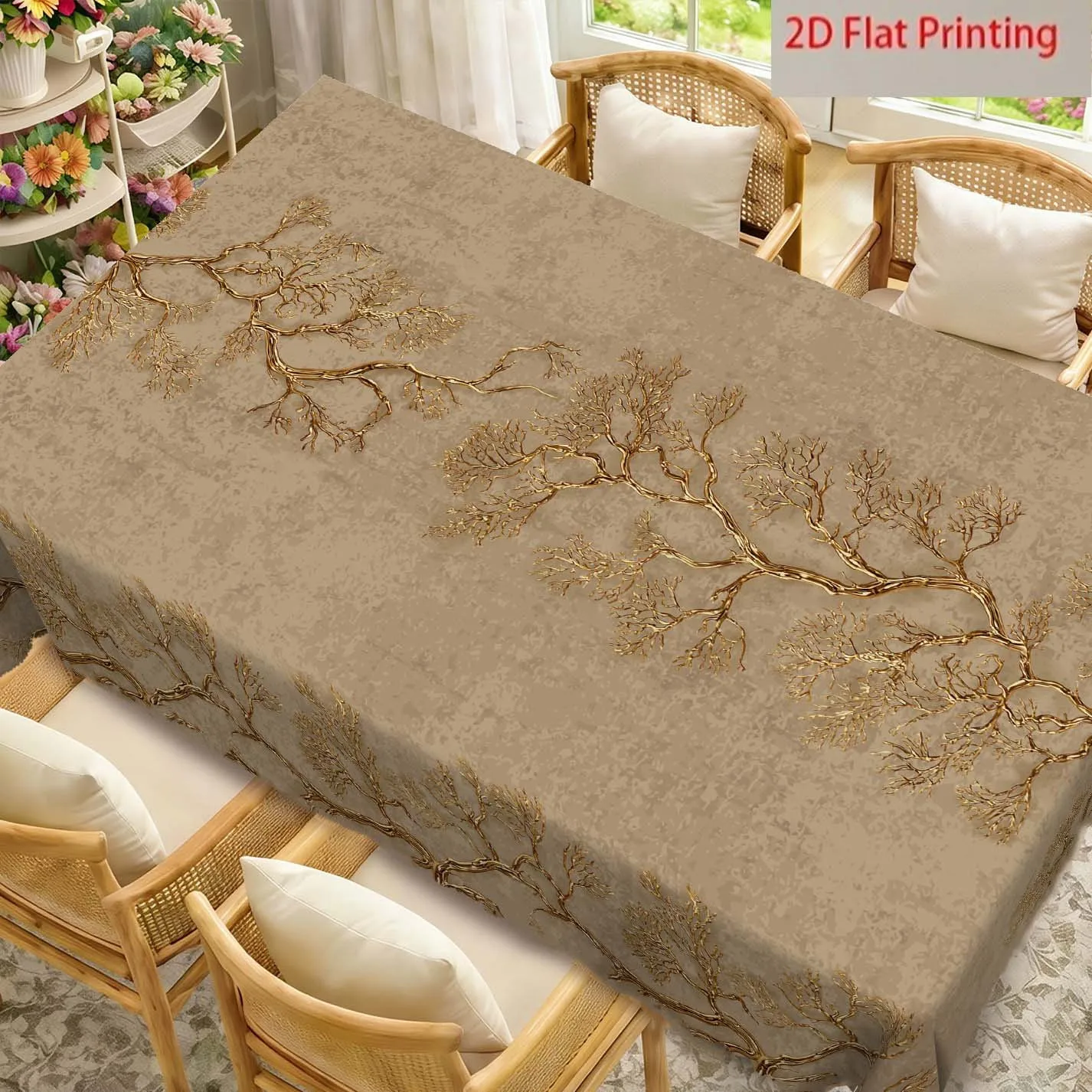 Retro golden-brown tree-patterned tablecloth with elegant golden tree print. Artistic and natural design.