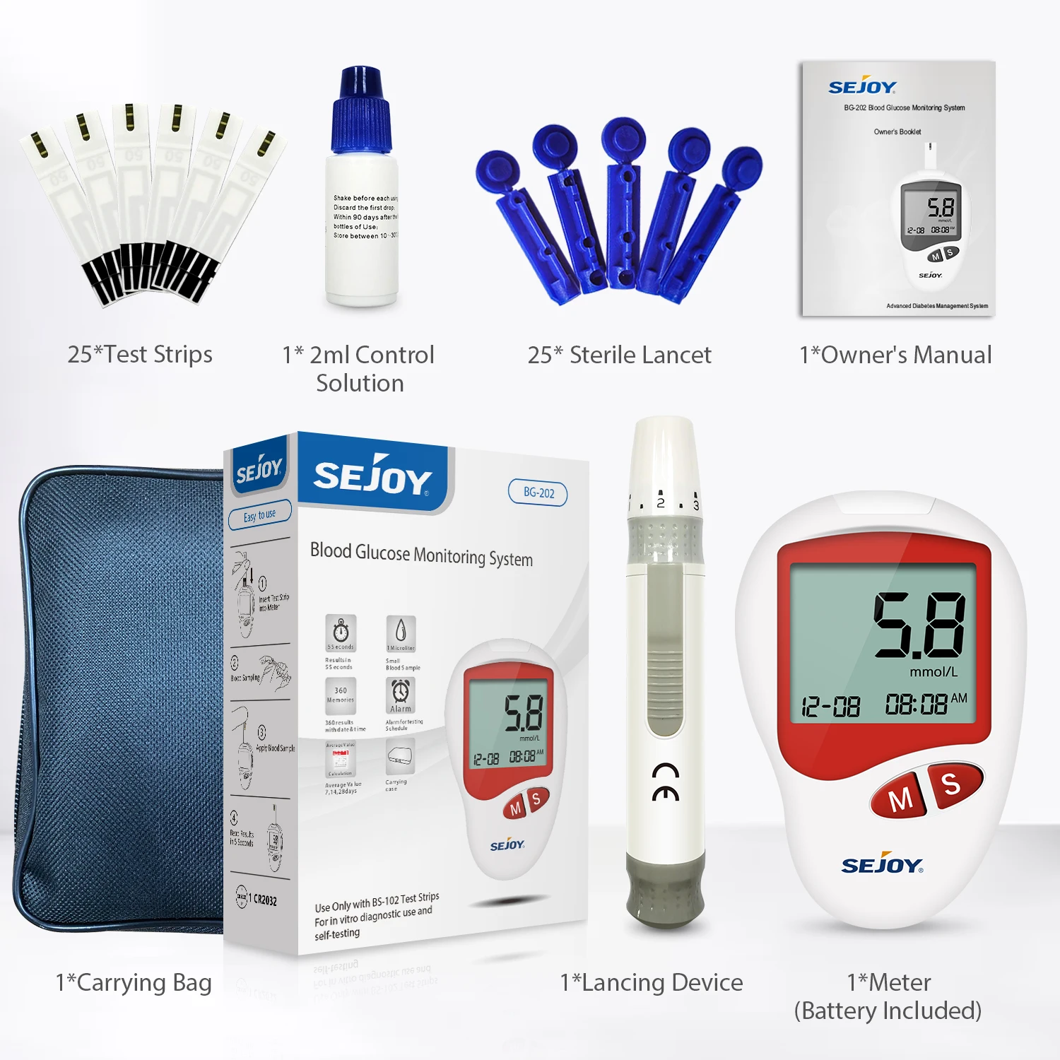 SEJOY 100 Stück Blutzuckerteststreifen für BG201/202/203, Blutzuckermessgerät Diabetes-Testkit mit 25 Stück Teststreifen/Lanzetten – Detail 11