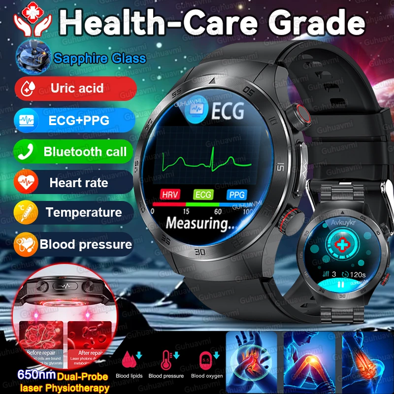 

2025 New Gorilla Sapphire Glass ECG+PPG Health Smart Watch Men Laser Therapy Blood Fat Uric Acid Heart Rate Monitor Smartwatches