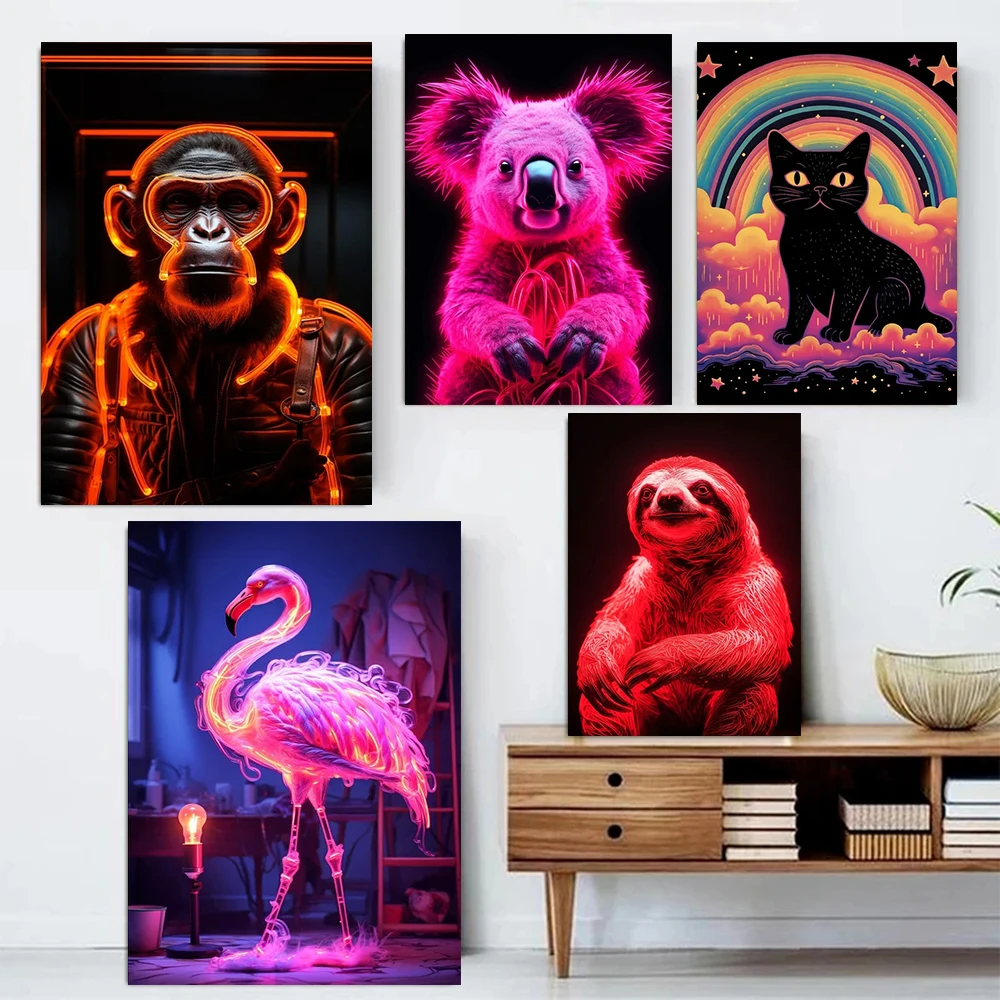 

Abstract Neon Light Effect Poster Gorilla Monkey Poster and Prints Pop Animal Canvas Painting Wall Art Picture for Home Decor