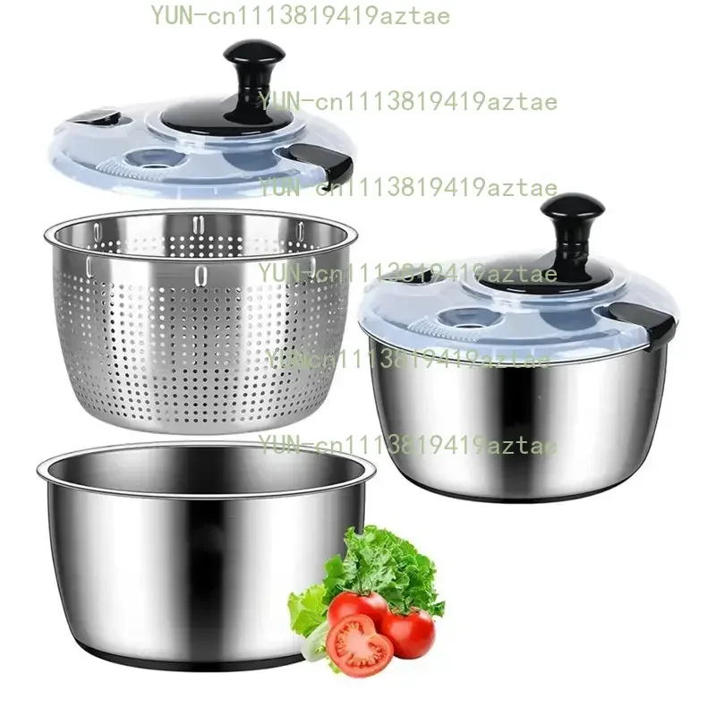 Non-Slip Base Stainless Steel Salad Spinner, 5.3Qt Large Lettuce Dryer, Vegetable& Fruit Washer With Drain, Easy To Clean
