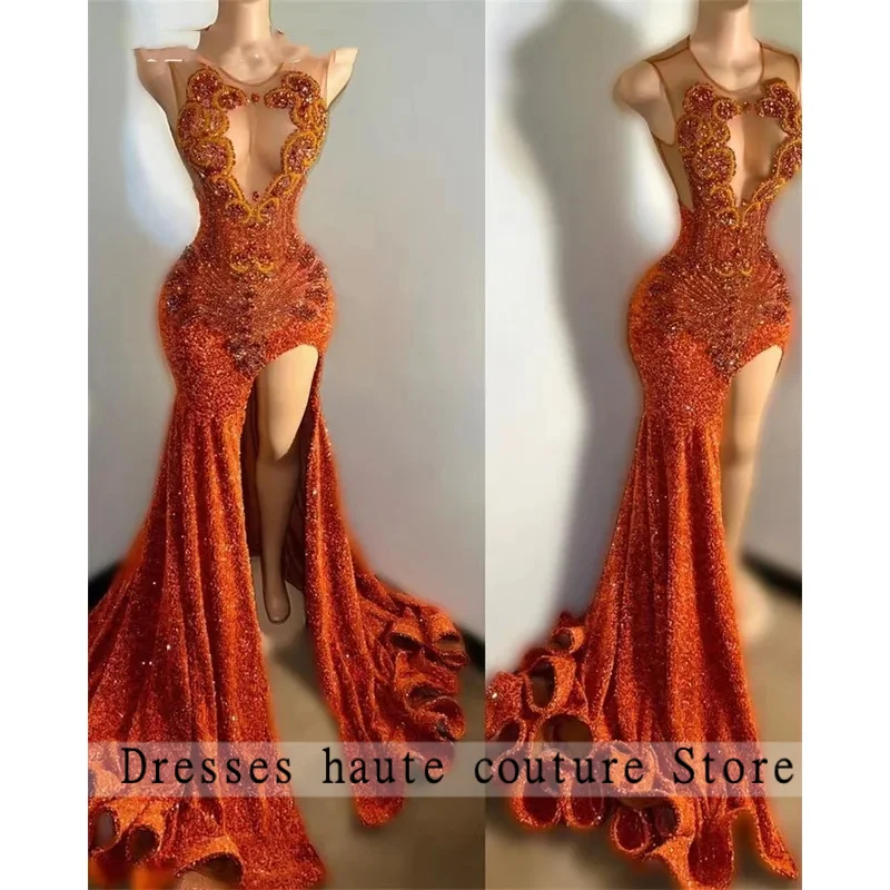 

Orange Sheer O Neck Long Prom Dress For Black Girls Diamond Crystal Birthday Party Dresses Sequined Evening Gowns