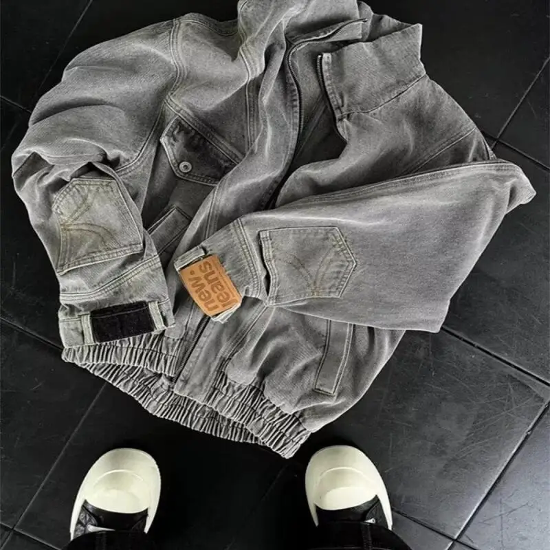 Man Trend Cowboy Coat Personality Design Sense Zipper Outwear American Streetwear Washed Denim Vintage Jacket Casual Autumn New