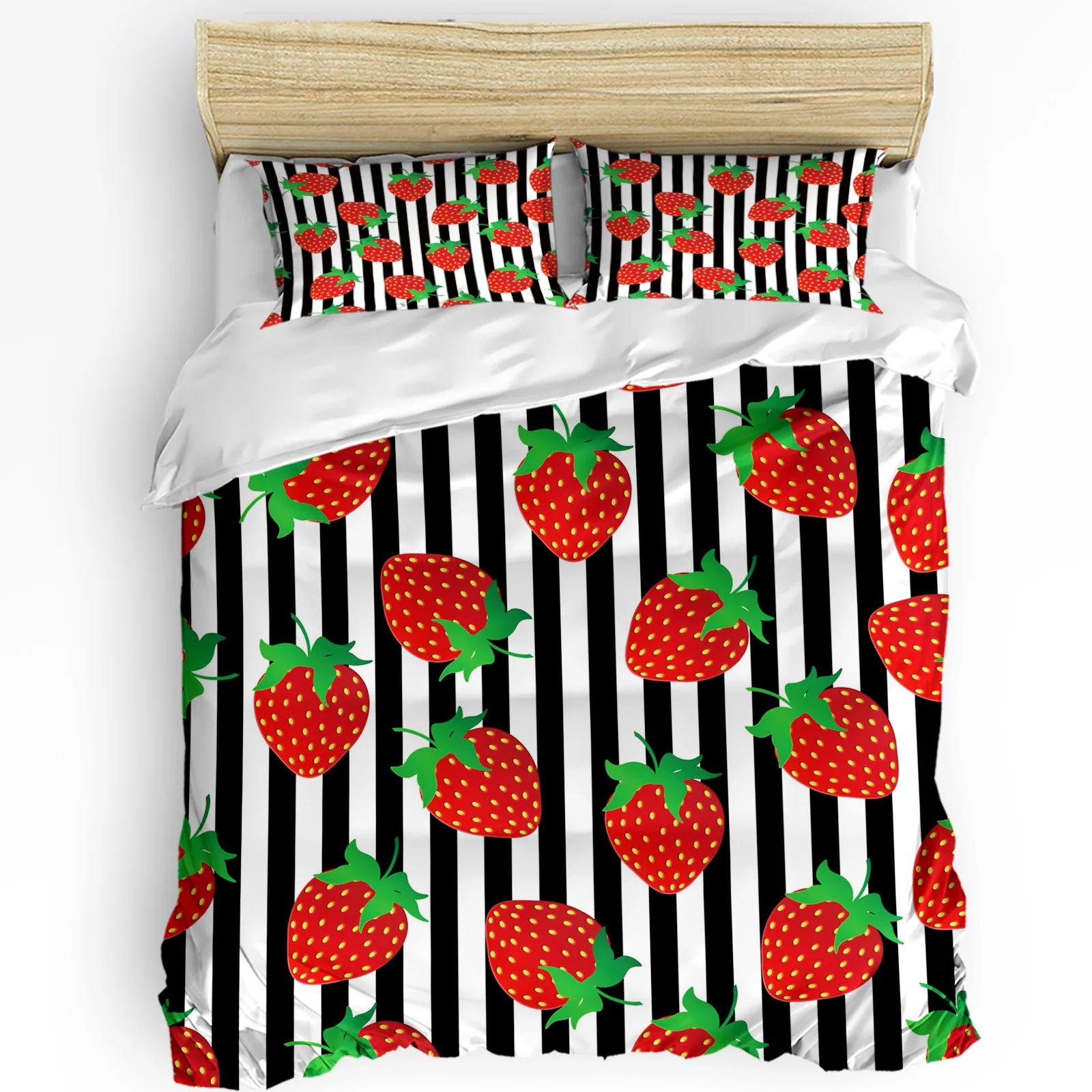 

Red Strawberry Black And White Stripes Fruit Bedding Set 3pcs Duvet Cover Pillowcase Quilt Cover Double Bed Set Home Textile