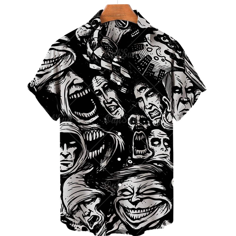 Horror Anime Harajuku 3D Printed Hawaiian Short Slim Fit Men Casual Shirt Retro Man Clothing Vintage Fashion Rockabilly Blouse