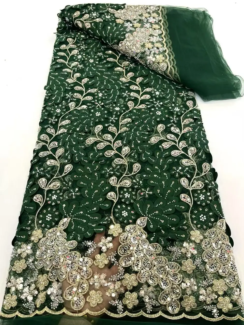 

High Quality Lace Fabrics 2025 5 Yards Green African Lace Fabric With Beads Nigerian Lace Fabric Sequins Evening Dresses A903-1