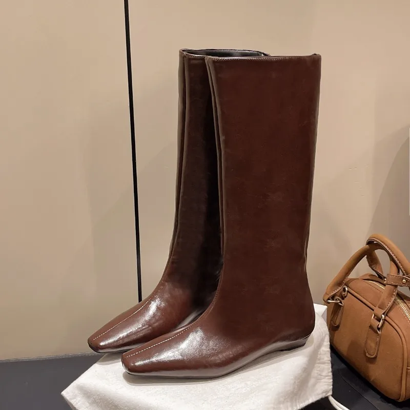 

New Women's Designer Vintage Knee High Boot Fashion Slip on Long Booties Autumn Winter Low Heels Ladies Black Long Western Boots