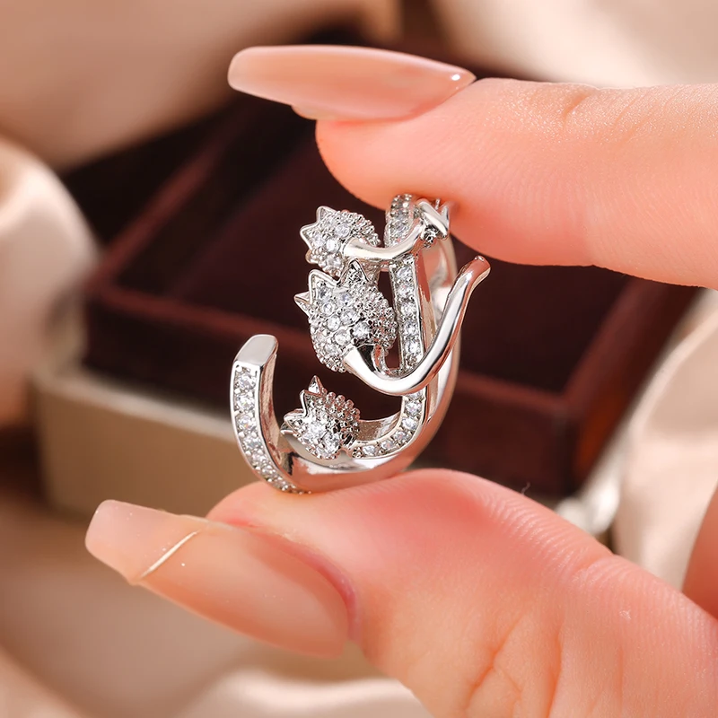 Exquisite Micro-Set High-Carbon Diamond Floral Bud Ring for Women 925 Silver Plated Fashion Jewelry Gift for Party Birthday