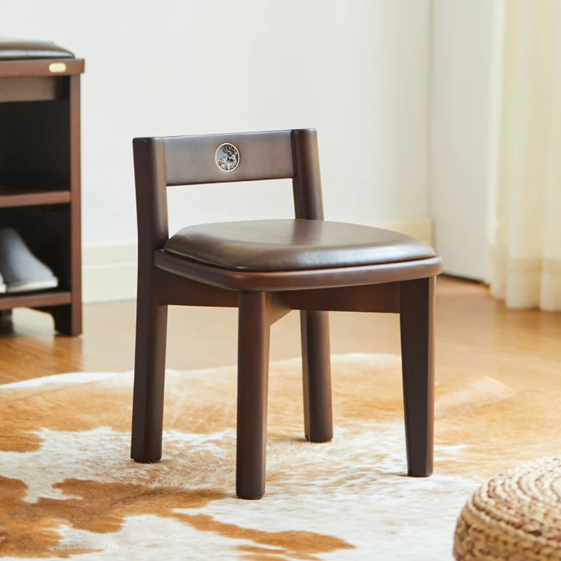 

Solid Wood Backrest Stool Mobile Living Room Chair Soft Seat Leather Stool Small Bench Dining Chair Nordic Household Furniture