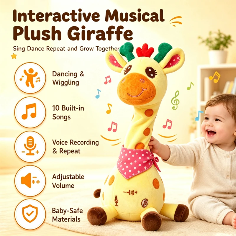 Cute Dancing Talking Giraffe Toy with Adjustable Volume Swaying Musical Glowing 10 Songs Repeating Feature