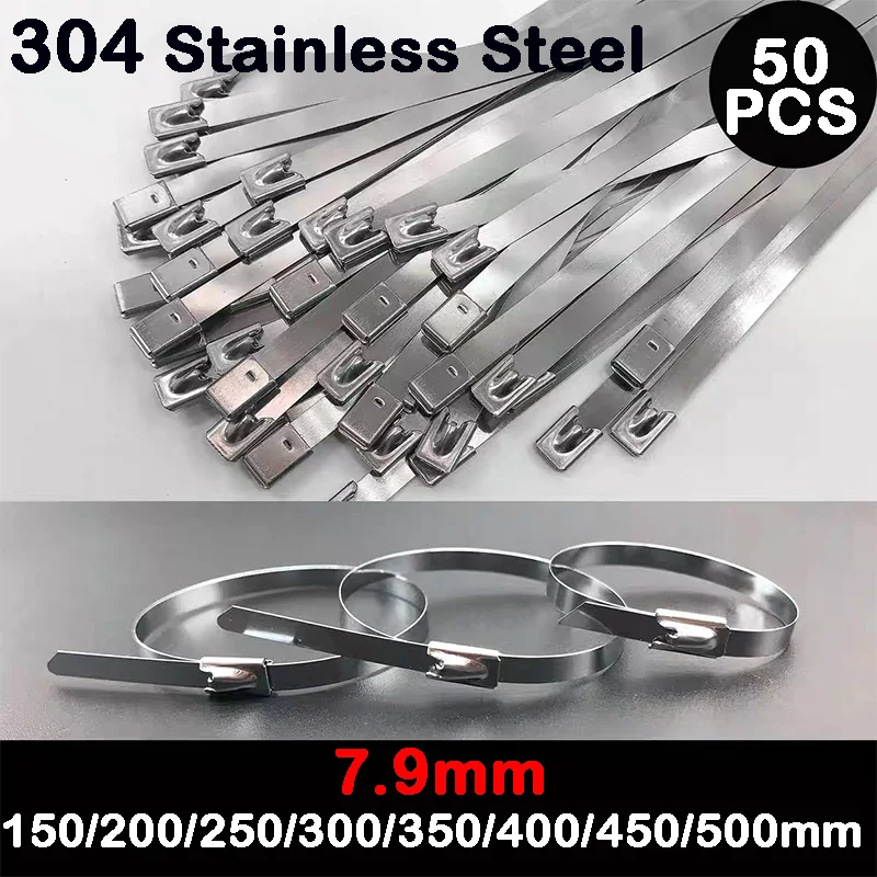 50PCS Width 7.9mm Stainless Steel Zip Tie Exhaust Wrap Coated Locking Cable Ties Multi-Purpose Locking Cable Metal Zip Ties