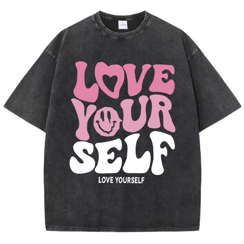 Frauen Baumwolle gewaschen T-Shirts Trend Distressed lose T-Shirts lieben Ihre Selbst Brief druck Kurzarm Sommer weibliche Kleidung