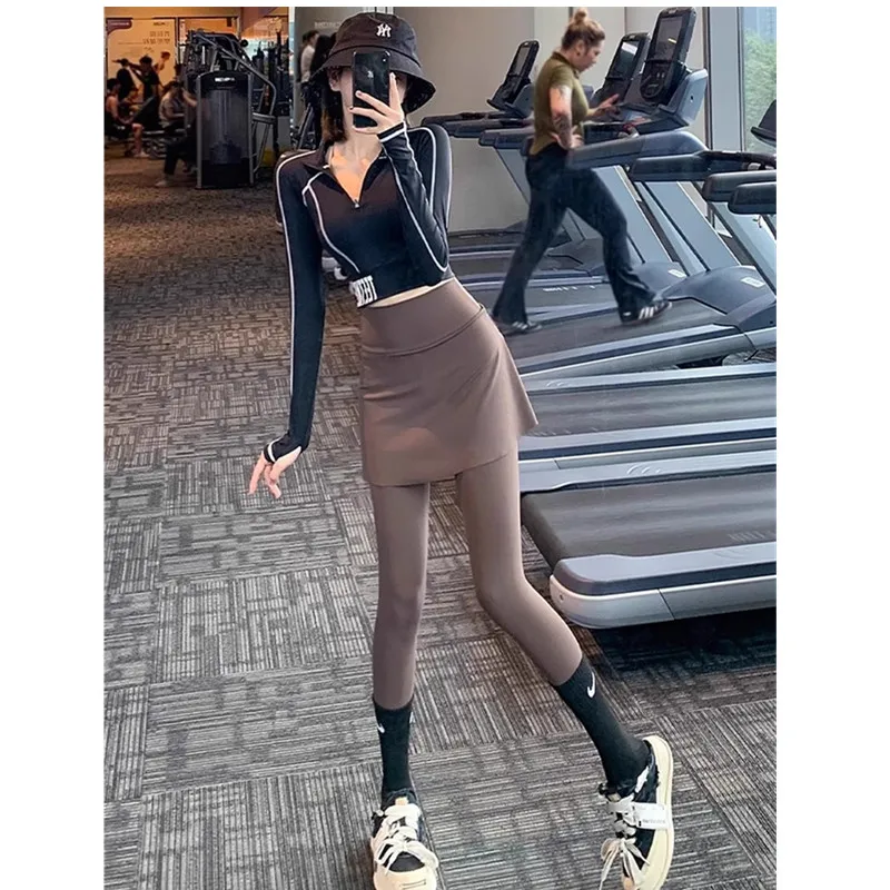 상어팬츠, 페이크 투피스 스포츠팬츠, 여성용 작은 체형, 하이웨이스트, 방귀커튼, 런닝, 피트니스, 요가팬츠, 스커트,