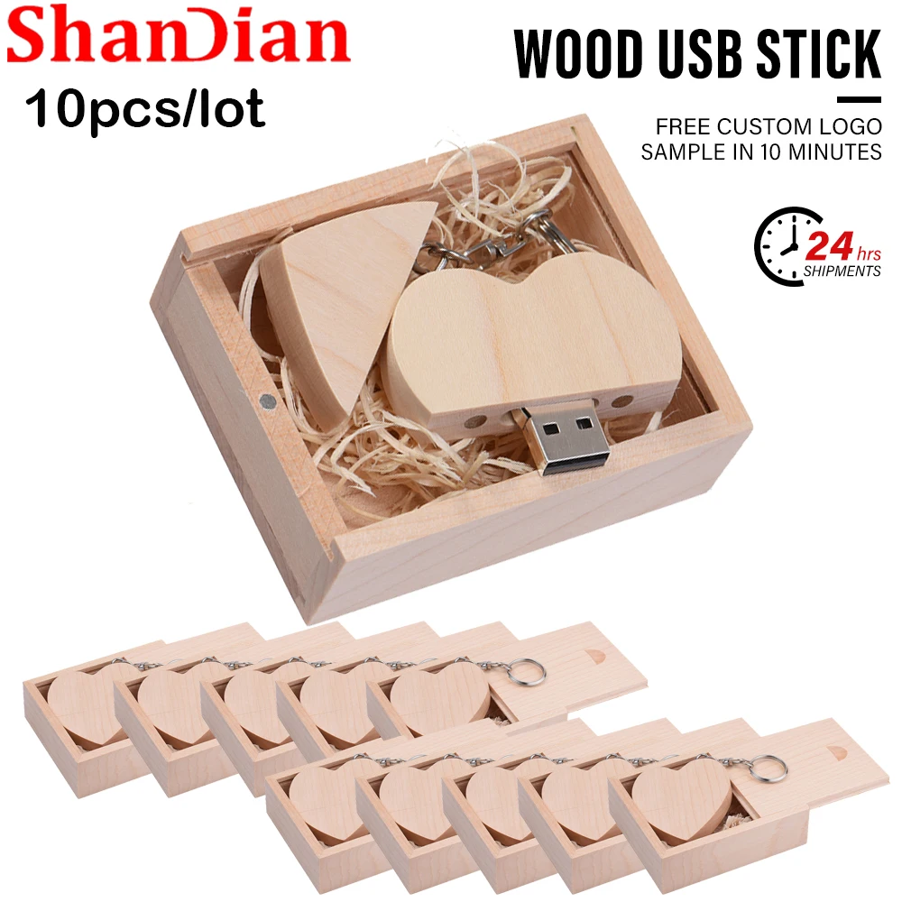 10PCS/Lot Free Logo Wooden Heart USB Flash Drive Photography Wedding Gifts Pen Drive Real Capacity Memory Stick 64GB/32GB U Disk