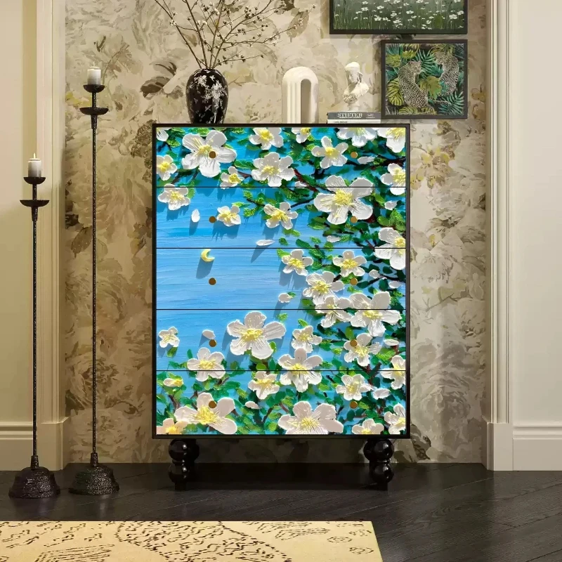 Oil painting texture painted solid wood bedroom chest of drawers living room storage drawer cabinet living room decorative entra