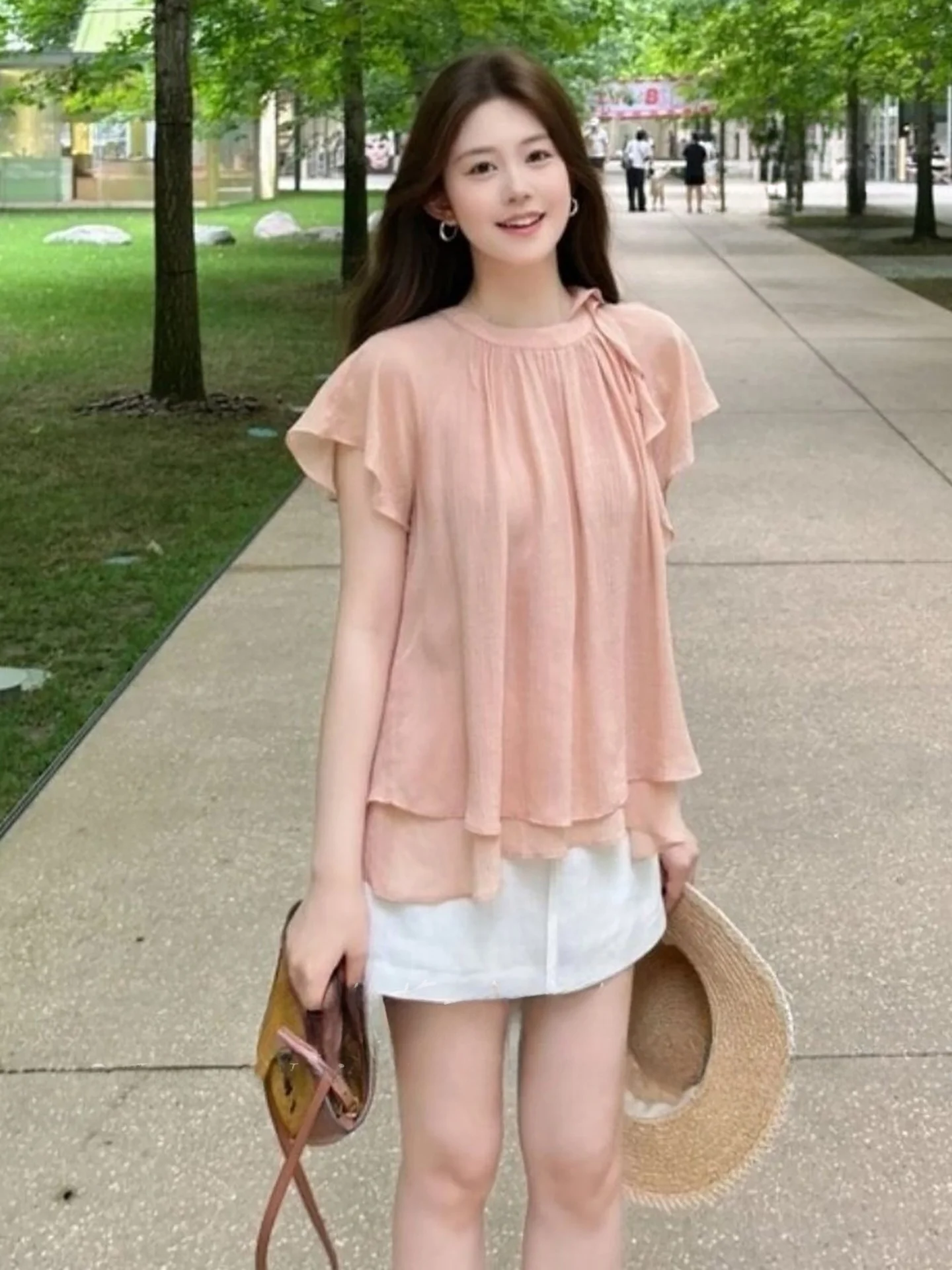 

Elegant round Neck Flounce Sleeve Shirt Women Loose Slimming Chiffon Casual Short Sleeve Top Gentle Style Bow Tie Design